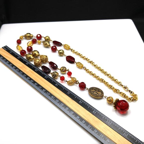 Vintage Long Tassel Necklace, Large Red Lucite & Filigree beads, Wire Wrapped - Picture 9 of 10